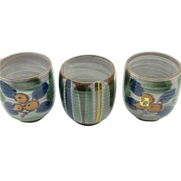 Asian Tea Cups Set Of Three Vintage Gray Green Blue Ceramic Round Sticker Marked